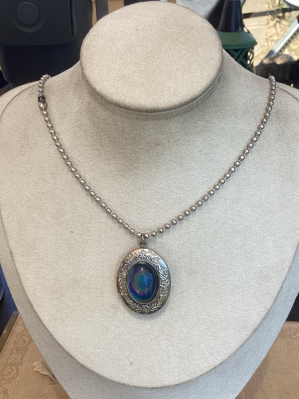 Sterling Silver Oval Pendant Locket with Iridescent Blue-Black Stone